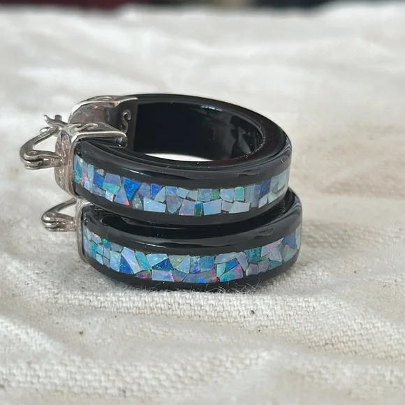 Jay King Black Chalcedony/Blue Opal mosaic Hoop Earrings - Picture 7 of 10